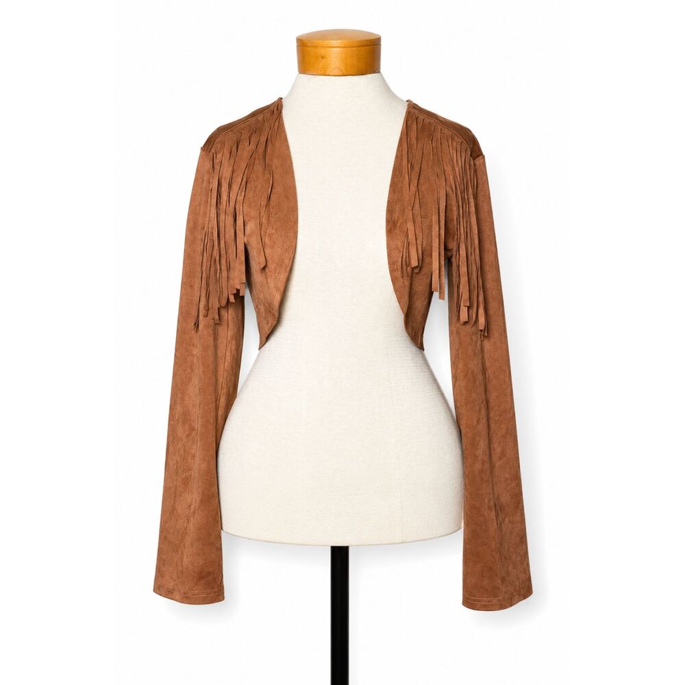 12th Tribe NWT Brown Faux Suede Fringe Cropped Bolero Jacket Med Western Boho